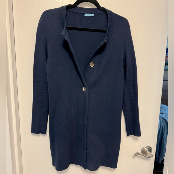 Navy long cardigan with gold button J McLaughlin - Picture 3 of 3